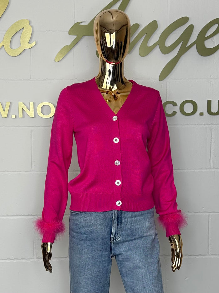 Fuchsia V-Neck Diamante Button Feather Cuff Cardigan