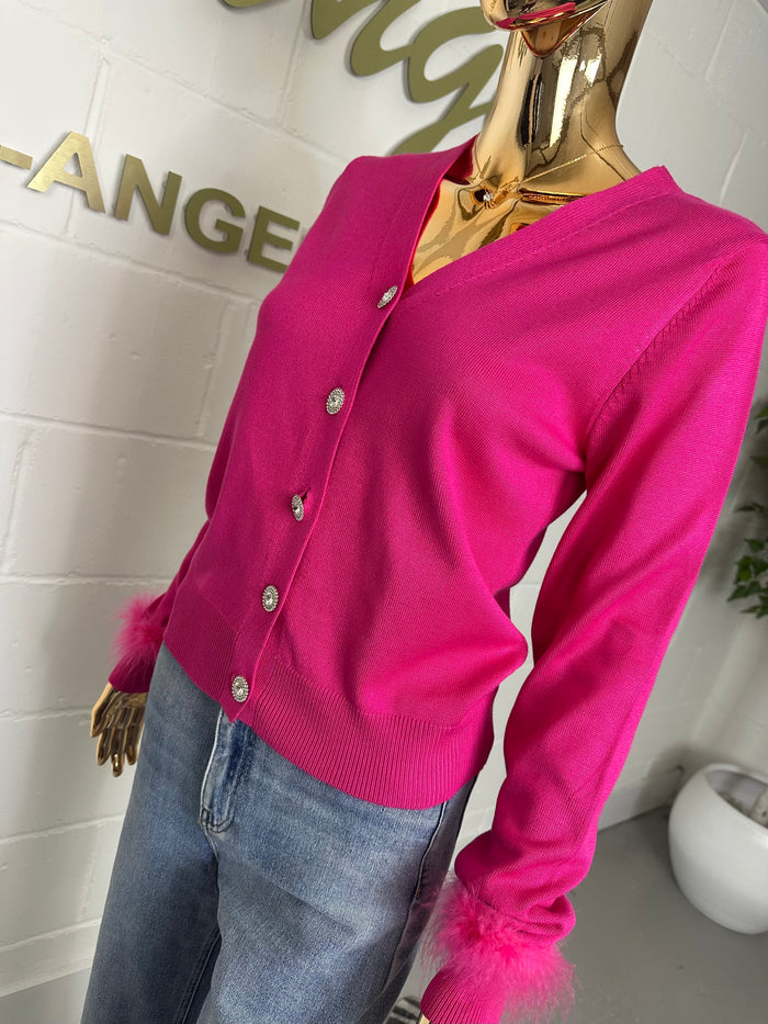 Fuchsia V-Neck Diamante Button Feather Cuff Cardigan