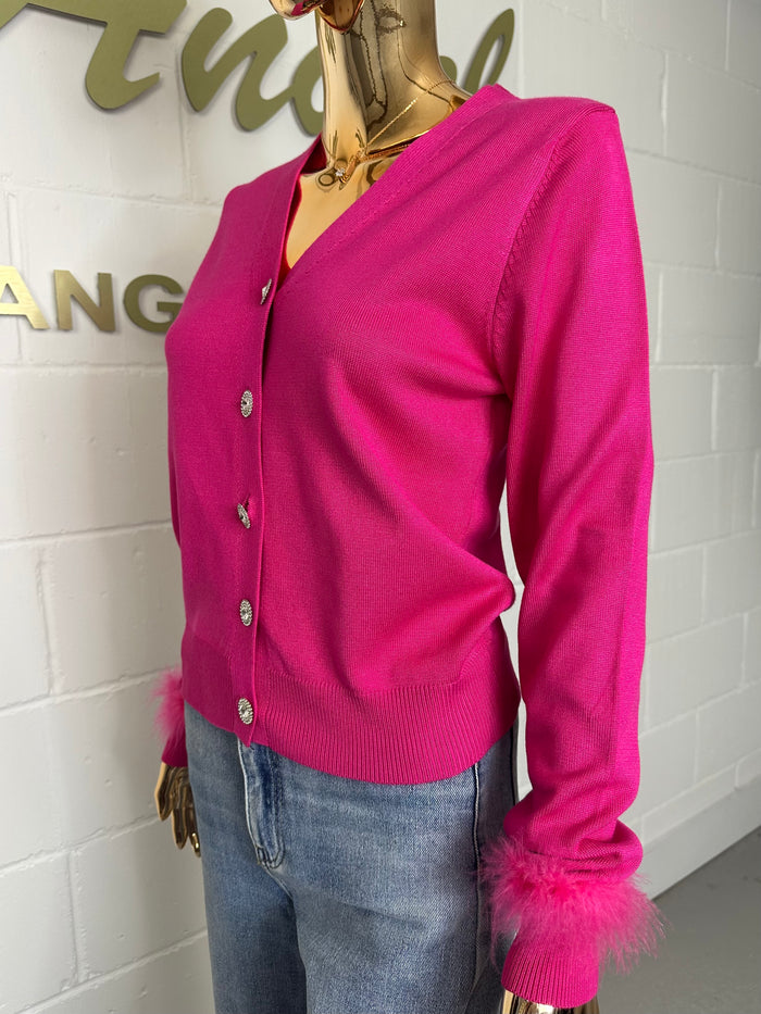 Fuchsia V-Neck Diamante Button Feather Cuff Cardigan