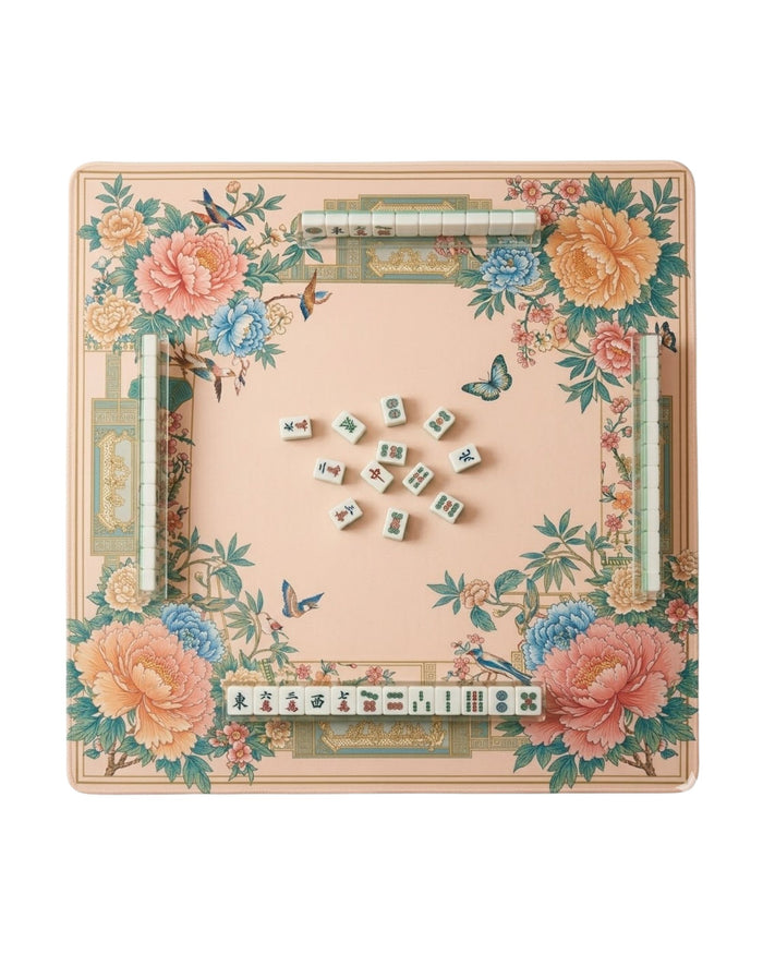 Vintage floral mahjong mat with peony and bird border, green-and-beige foldable cover
