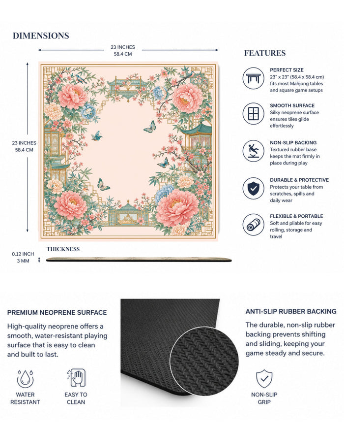 Mahjong mat info chart showing dimensions, thickness, and anti-slip rubber backing