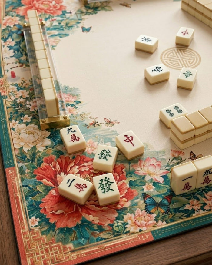 Floral mahjong mat corner with peony blooms, gold trim, and scattered Mahjong tiles