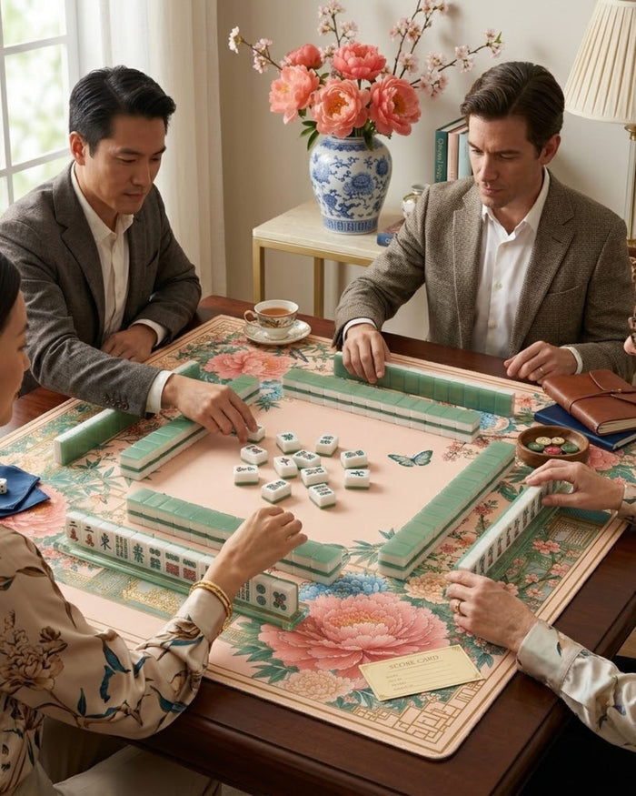 Vintage floral mahjong mat on table during game night, surrounded by players and tiles