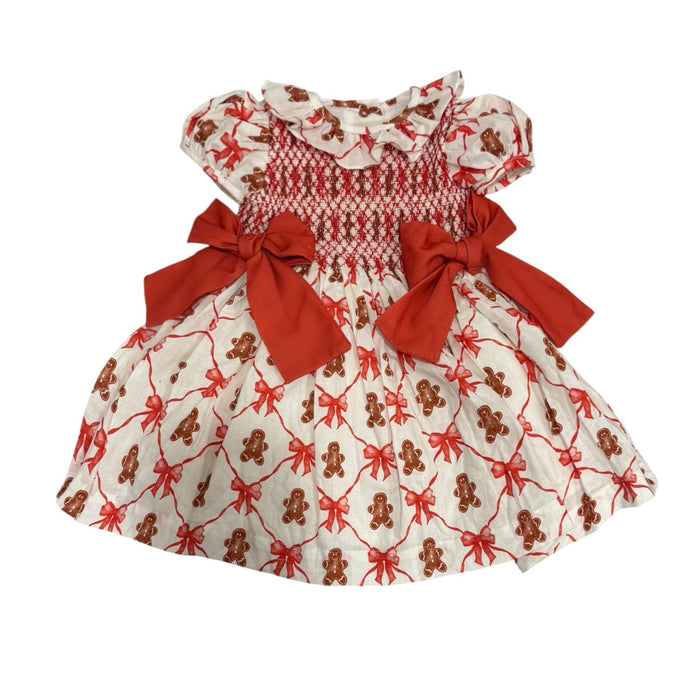 Gingerbread Cookie Red Bow Smocked Dress