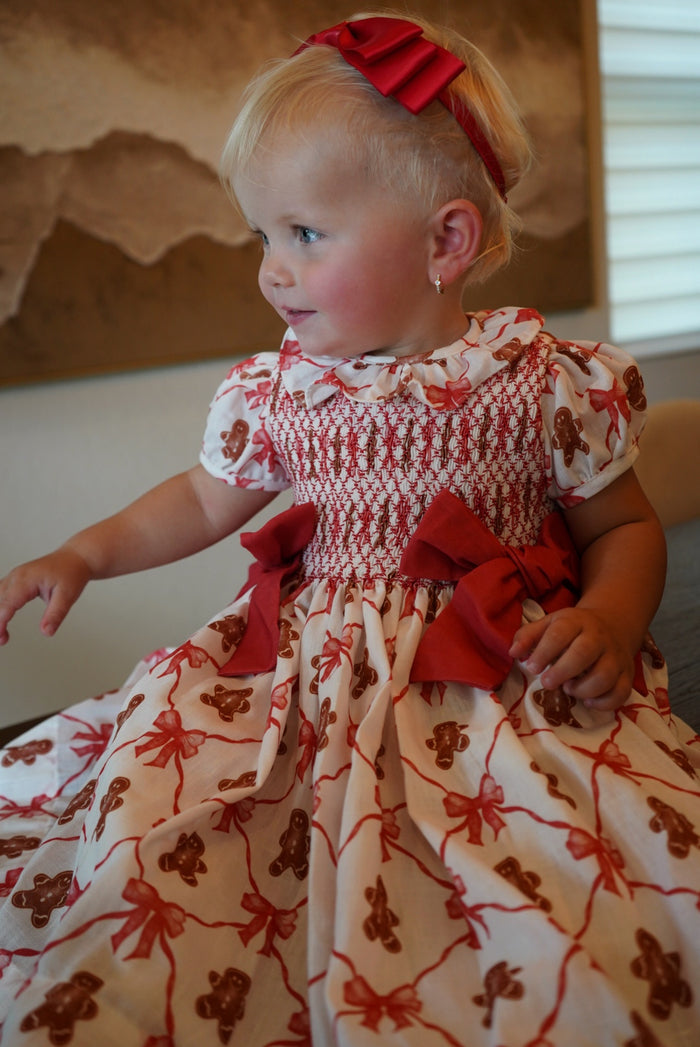 Gingerbread Cookie Red Bow Smocked Dress