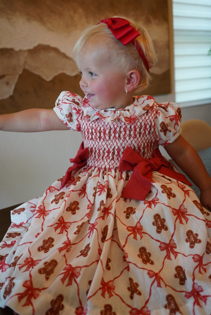Gingerbread Cookie Red Bow Smocked Dress