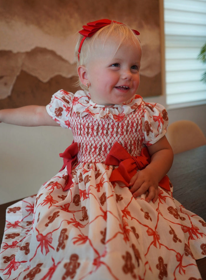 Gingerbread Cookie Red Bow Smocked Dress