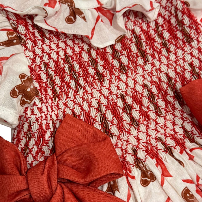 Gingerbread Cookie Red Bow Smocked Dress