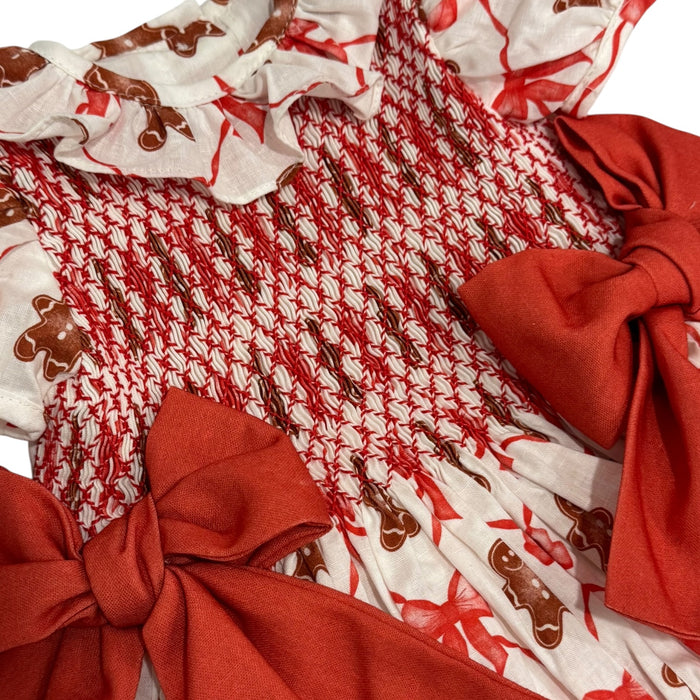 Gingerbread Cookie Red Bow Smocked Dress
