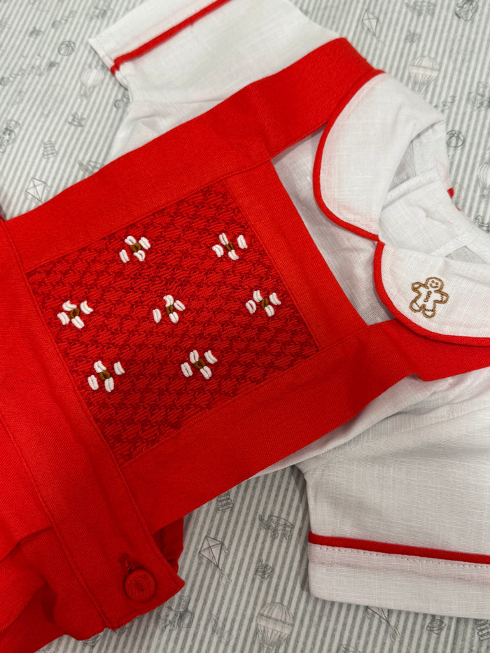 Gingerbread Cookie Red Handsmocked Boy 2-Pc Set