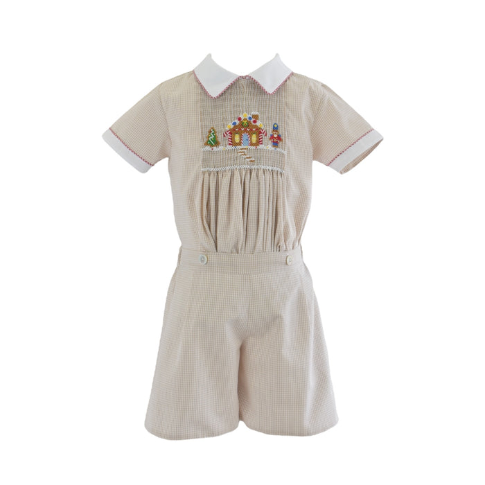 Gingercracker Beige Handsmocked Boy 2-Pc Set