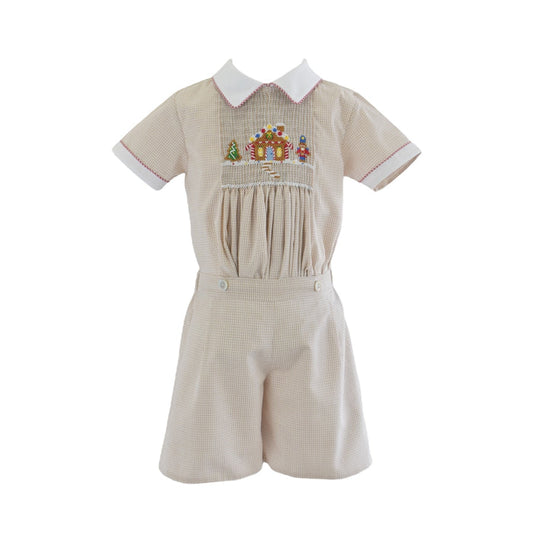 Gingercracker Beige Handsmocked Boy 2-Pc Set
