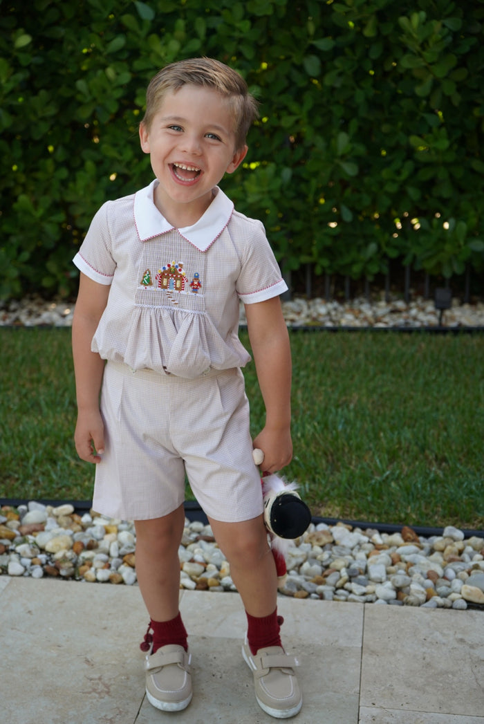 Gingercracker Beige Handsmocked Boy 2-Pc Set