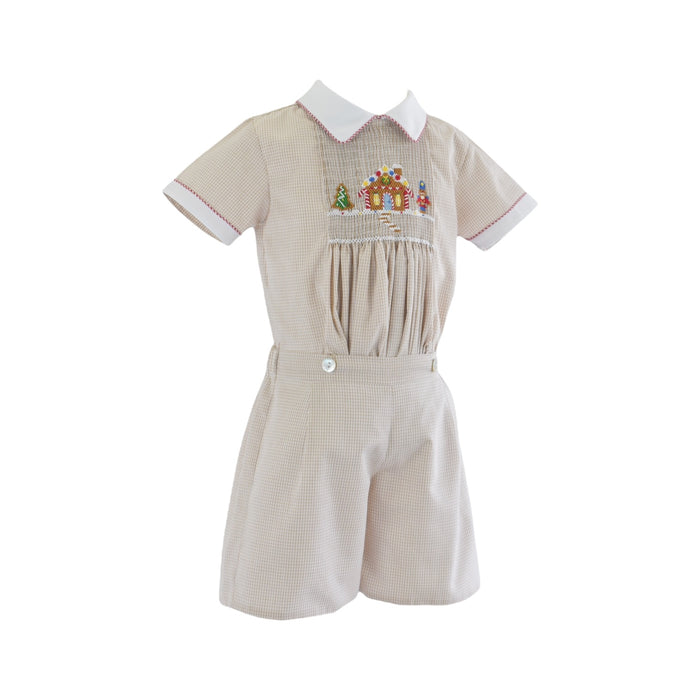 Gingercracker Beige Handsmocked Boy 2-Pc Set
