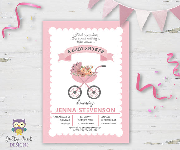 Girl Carriage Baby Shower Invitation