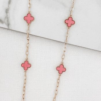 Gold Long Chain Pink Clover Necklace