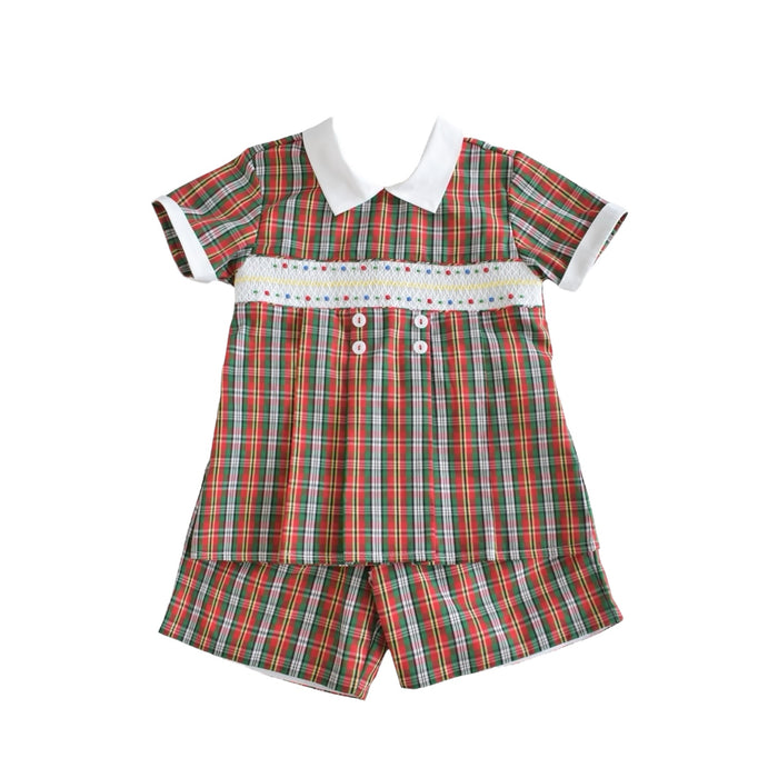 Golden Green Tartan Handsmocked Boy 2-Pc Set