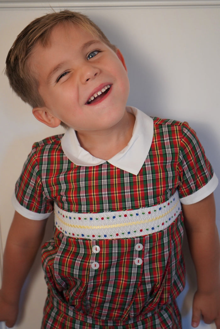 Golden Green Tartan Handsmocked Boy 2-Pc Set