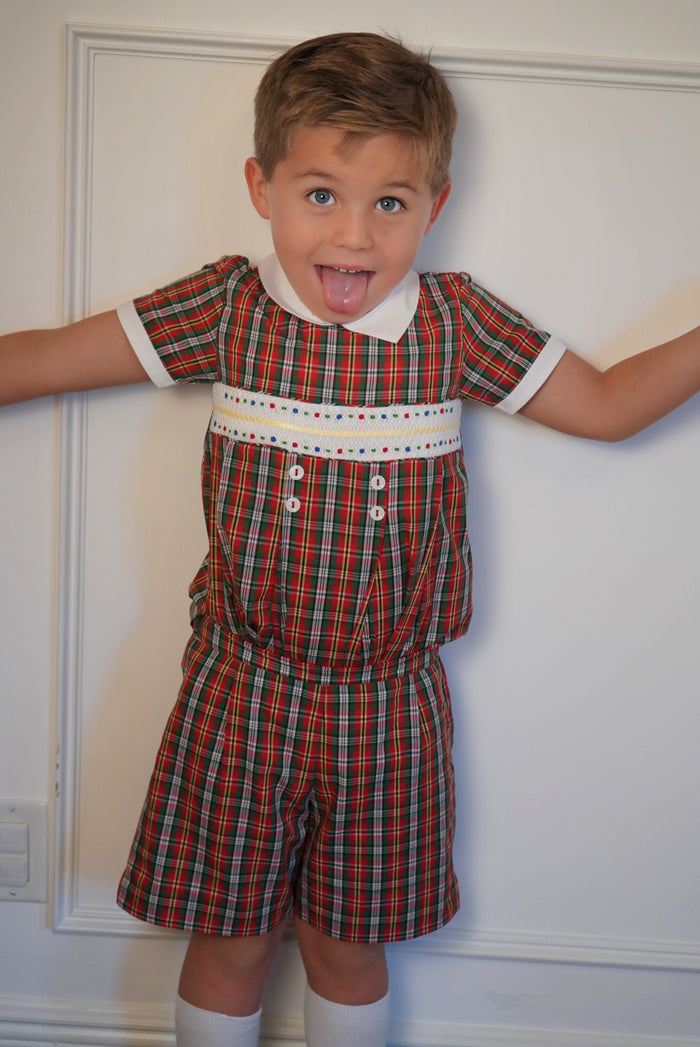 Golden Green Tartan Handsmocked Boy 2-Pc Set