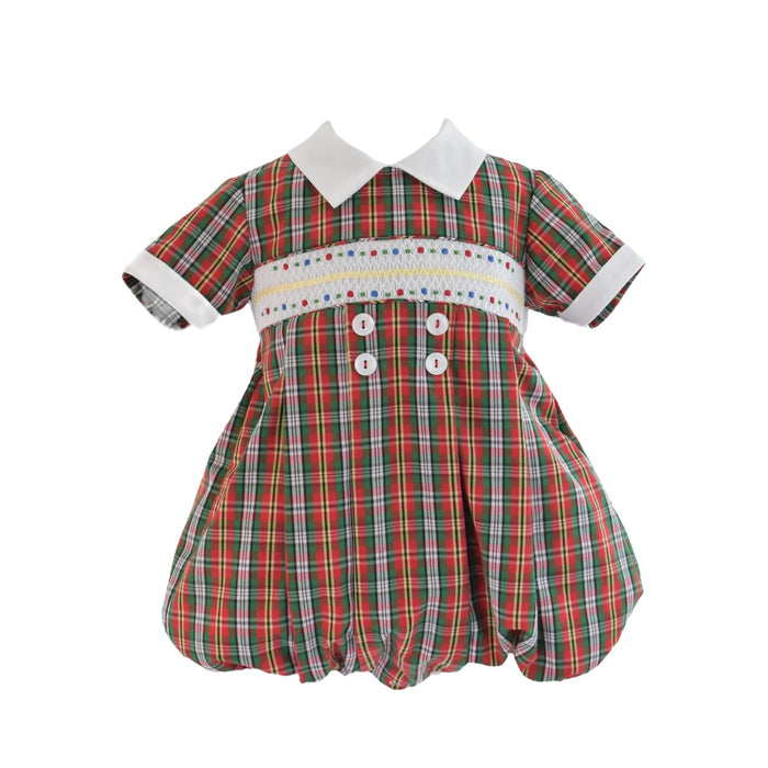 Golden Green Tartan Handsmocked Boy Bubble