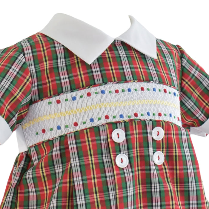 Golden Green Tartan Handsmocked Boy Bubble