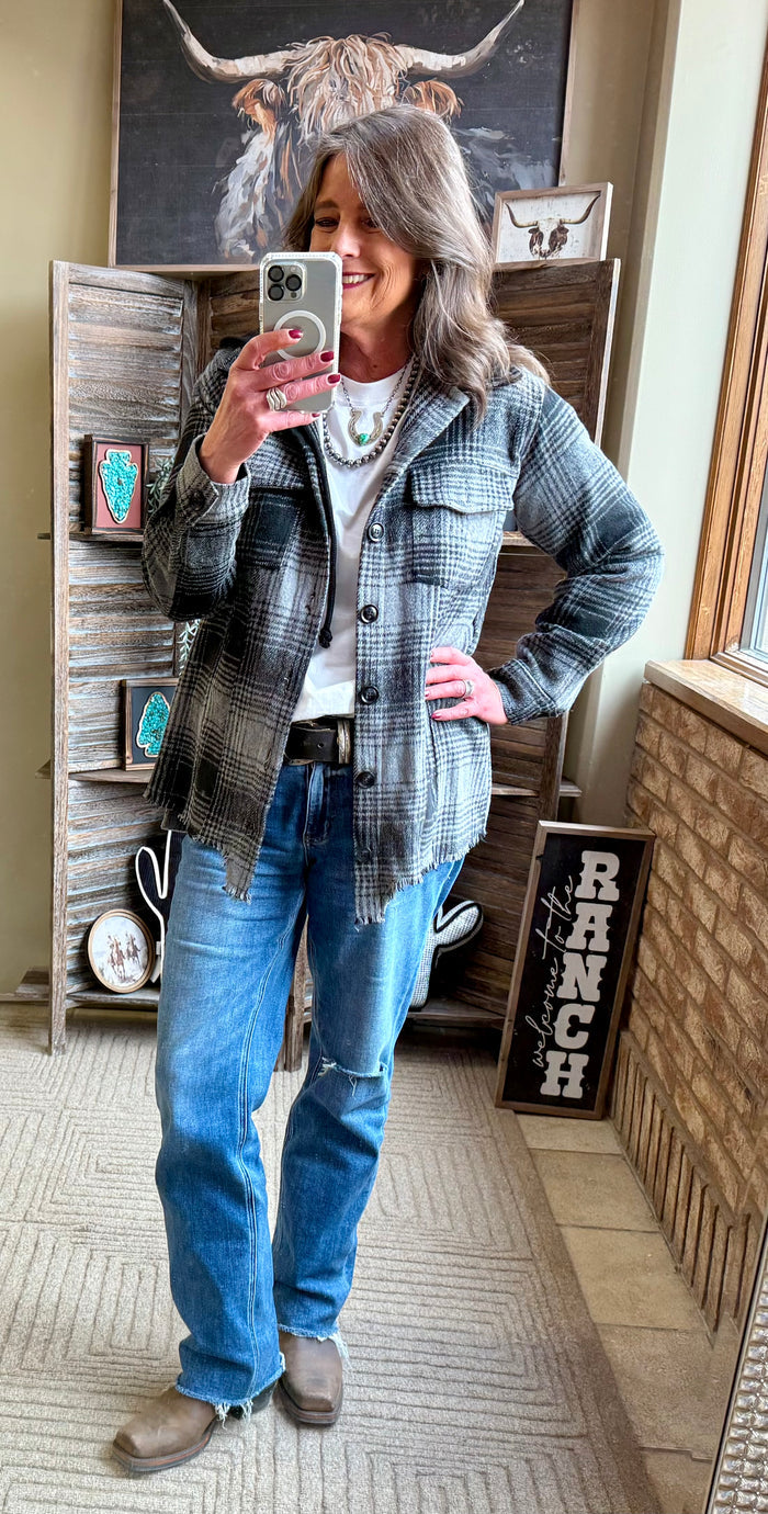 Gray plaid hooded coat with button front and long sleeves