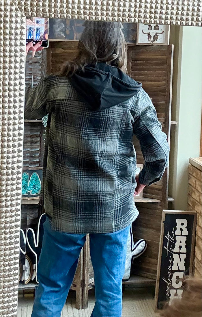 Gray plaid hooded coat back view with attached hood and button closures