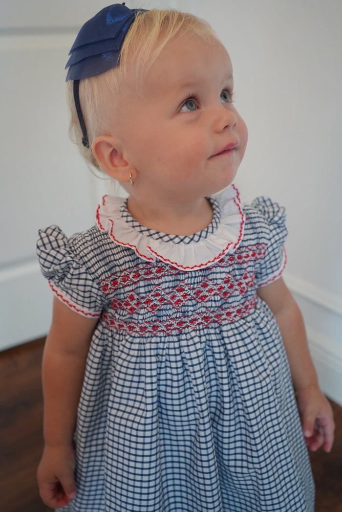 Helen Blue Squares Handsmocked Girl Dress