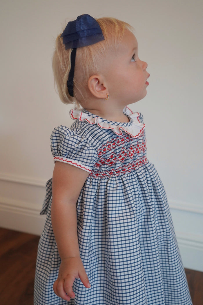 Helen Blue Squares Handsmocked Girl Dress