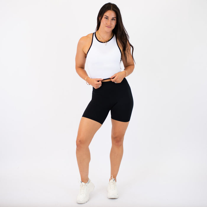 White & Black High Neck Racerback Crop Tank - Fitted