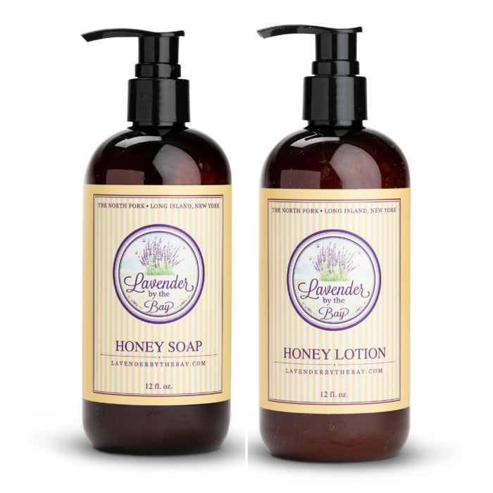 The LBTB Honey Soap and Lotion Set featuring one honey soap dispenser and one honey lotion dispenser standing on white background