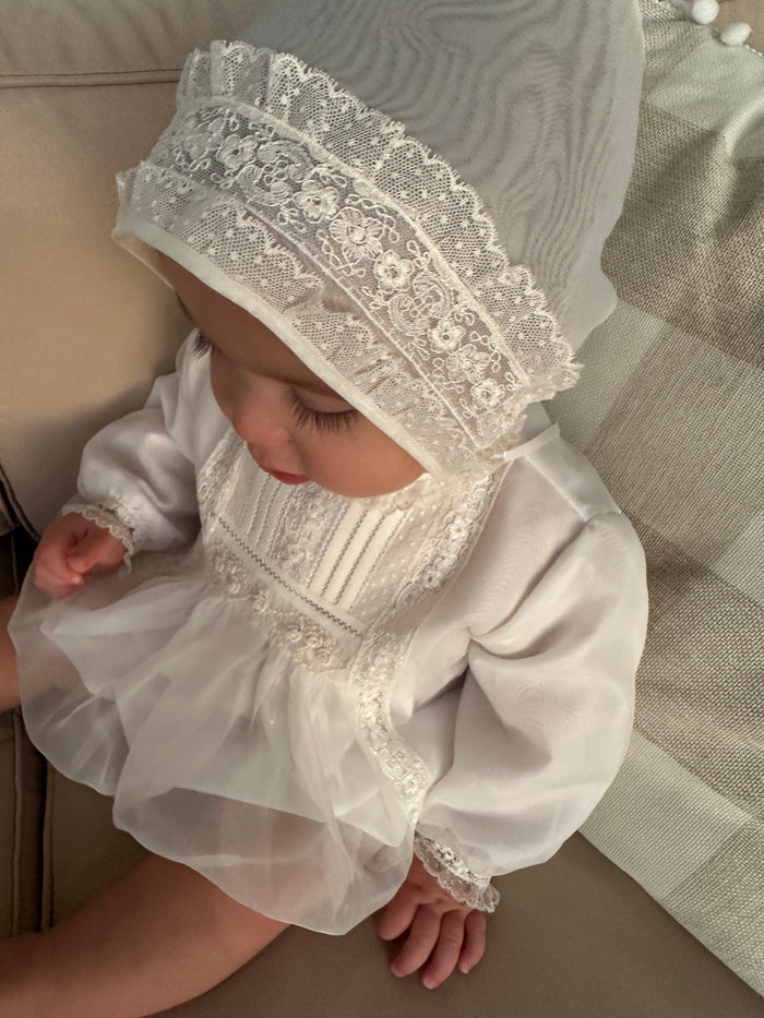 Philippe Cream Handsmocked Long Sleeve Romper with Bonnet