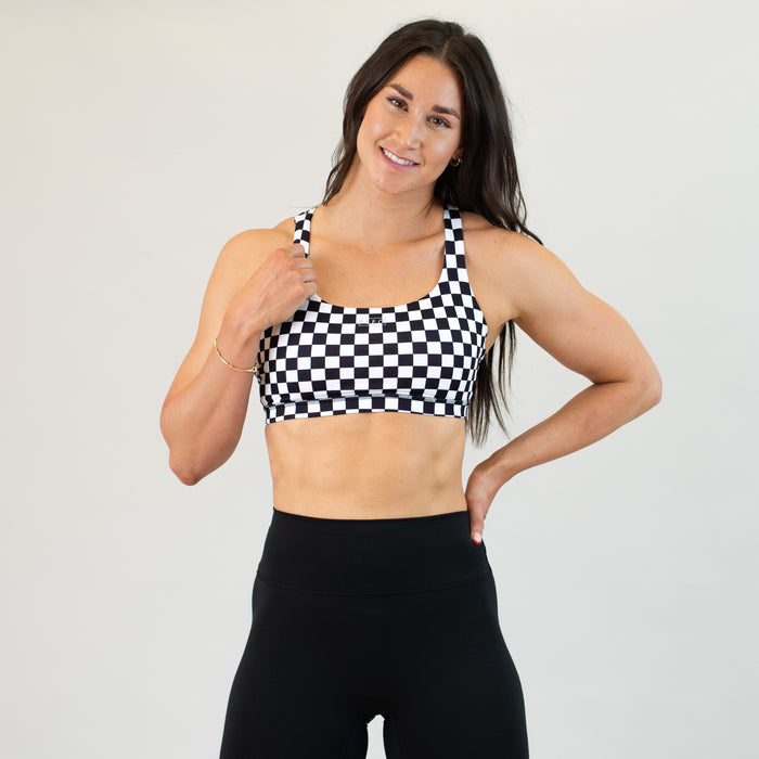 Black White Check High Support Scoop Neck Sports Bra - Isla