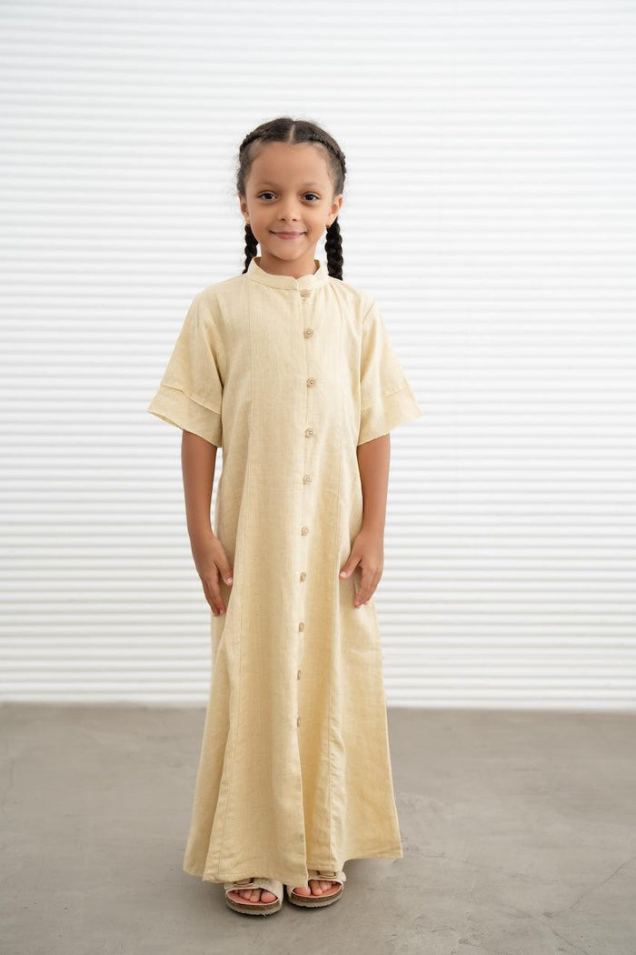 Kids Linen Button Down Dress- Butter Yellow