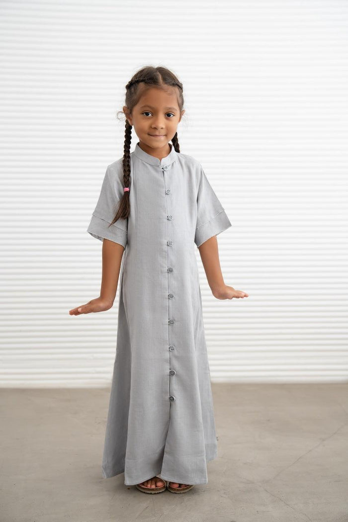 Kids Linen Button Down Dress- Grey