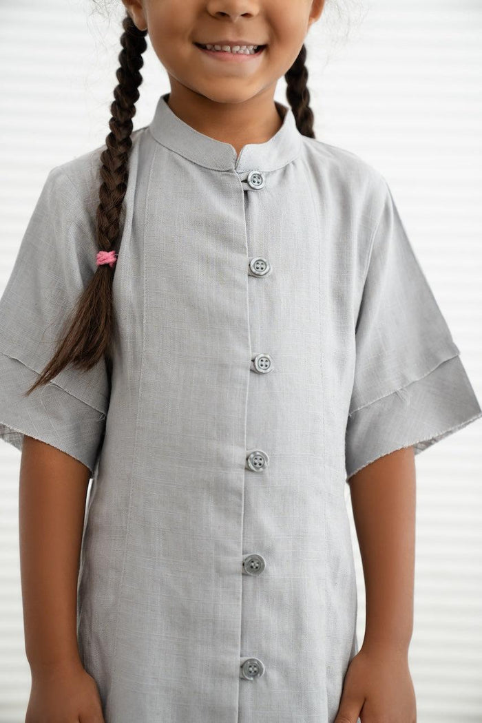 Kids Linen Button Down Dress- Grey