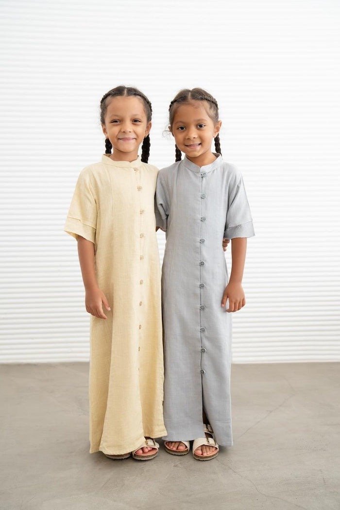 Kids Linen Button Down Dress- Grey