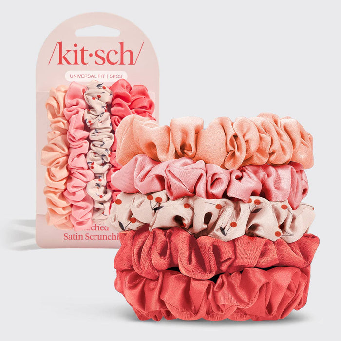 Kitsch Ruched Satin Scrunchies 5pc Set - Assorted Cherry Blossom
