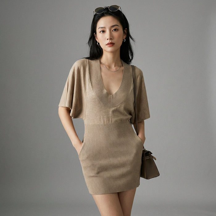 Robe en maille à col U et manches chauve-souris, style K-fashion décontracté - Taille One Size