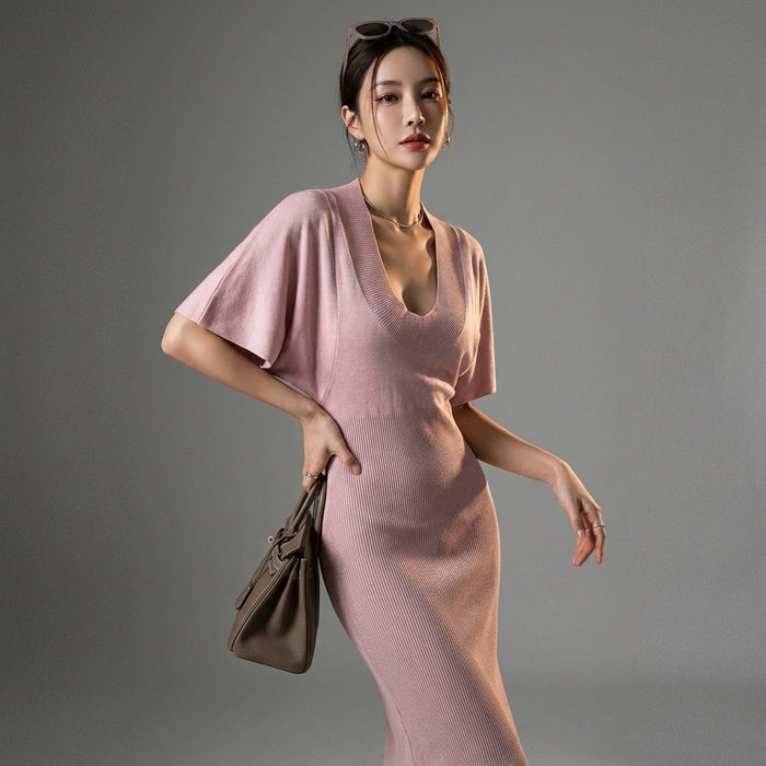 Robe en maille à col U et manches chauve-souris, style K-fashion décontracté - Taille One Size