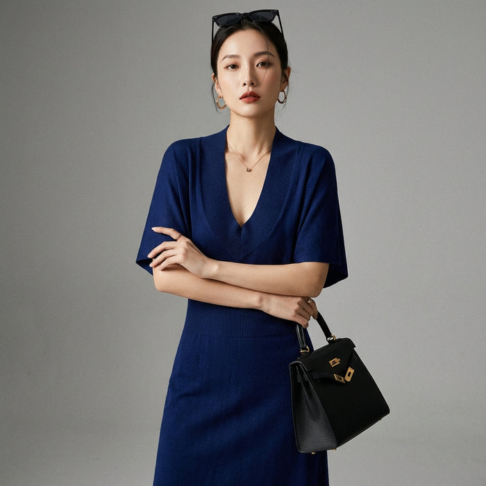 Robe en maille à col U et manches chauve-souris, style K-fashion décontracté - Taille One Size