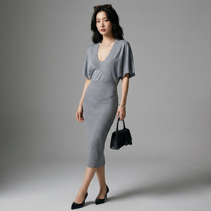 Robe en maille à col U et manches chauve-souris, style K-fashion décontracté - Taille One Size
