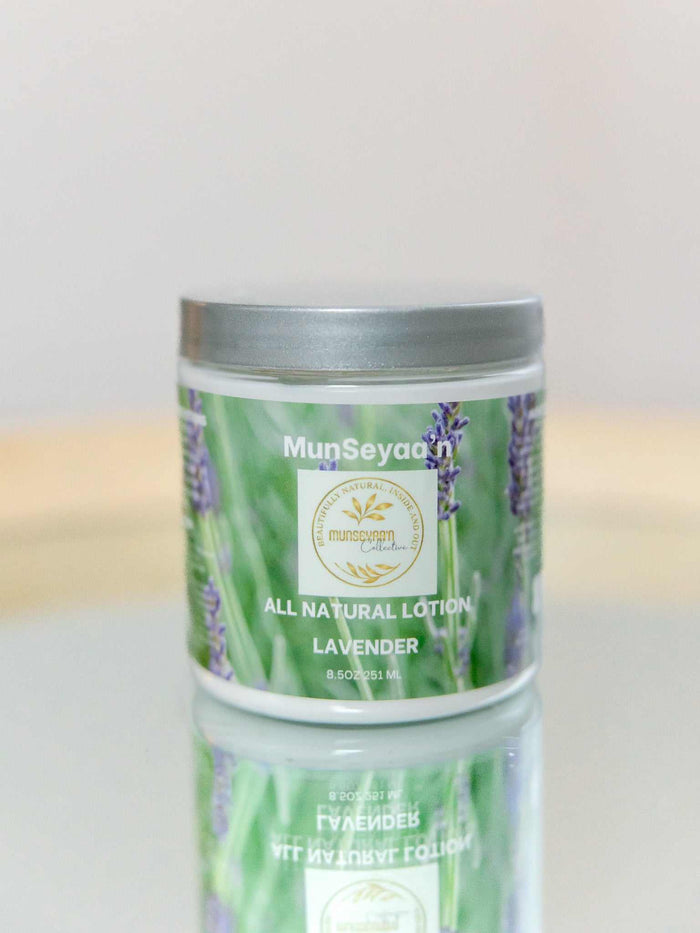 Bottle of lightweight Lavender Lotion with botanical oils and lavender aroma for hydration and relaxation