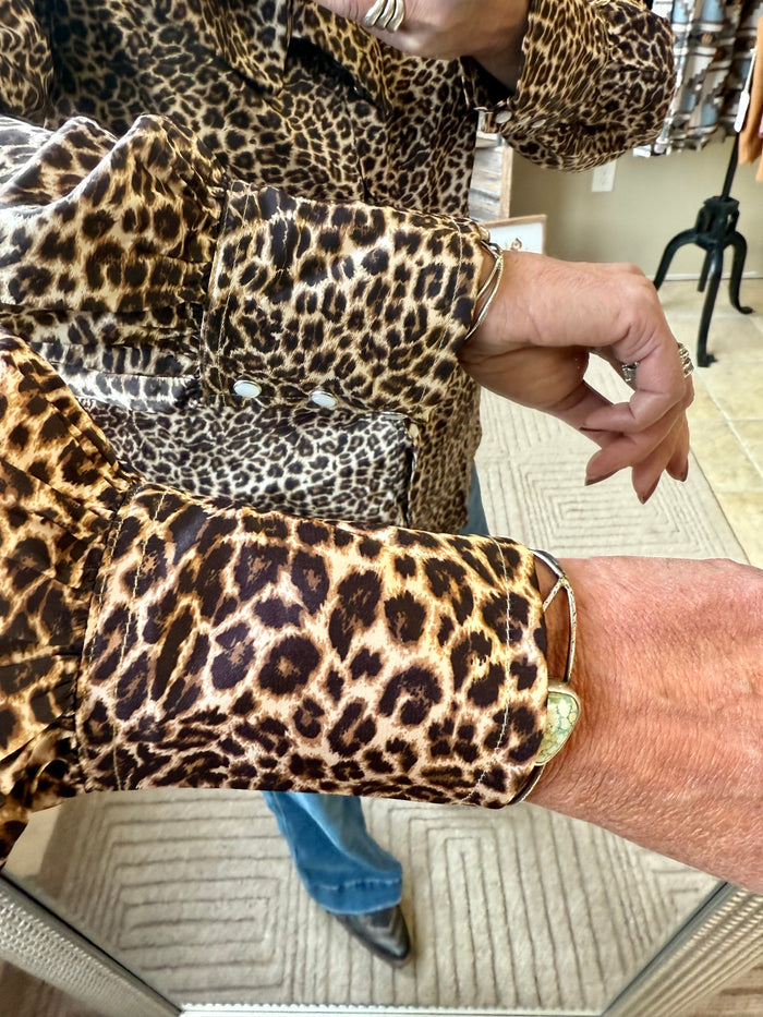 Leopard print bow tie blouse with ruffled tiered front detail