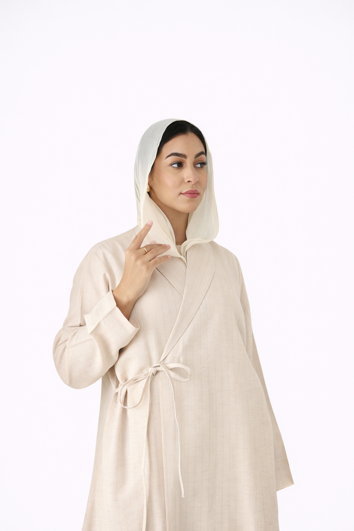 Linen Wrap Abaya - Cream Pinstripe