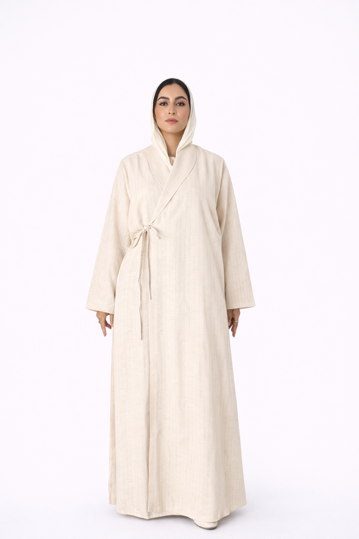 Linen Wrap Abaya - Cream Pinstripe