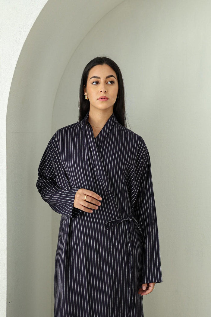 Linen Wrap Abaya - Navy Pinstripe
