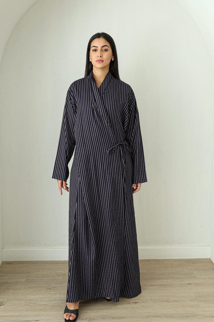 Linen Wrap Abaya - Navy Pinstripe