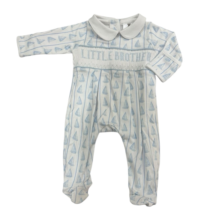 Little Brother Sailboats Footie Babygrow in soft blue sailboat print with rounded white collar