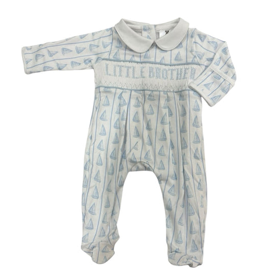 Little Brother Sailboats Footie Babygrow in soft blue sailboat print with rounded white collar